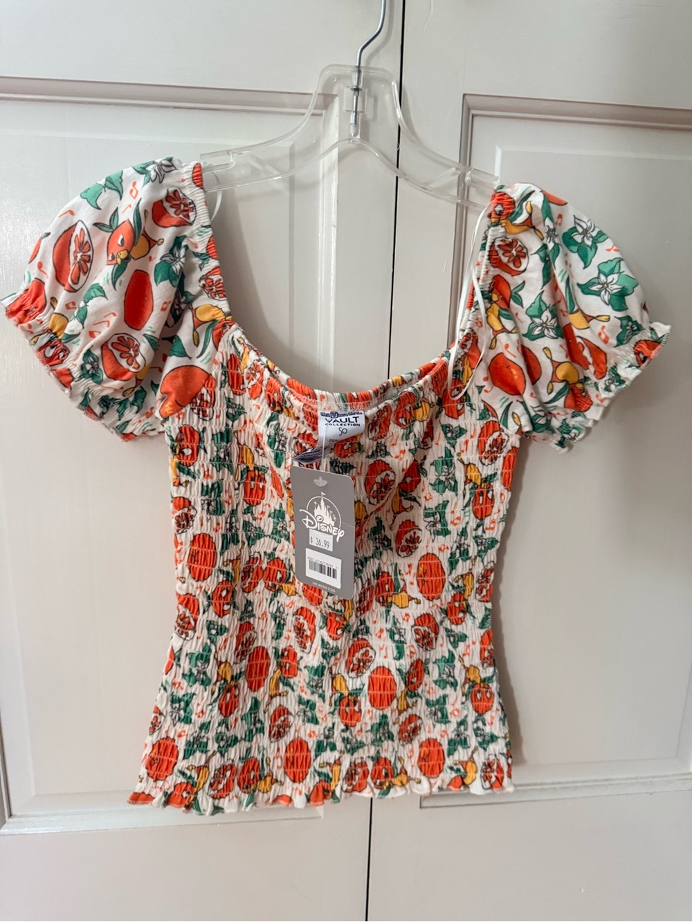 Disney White Orange bird & Green Smocked Puff-Sleeve Crop Top